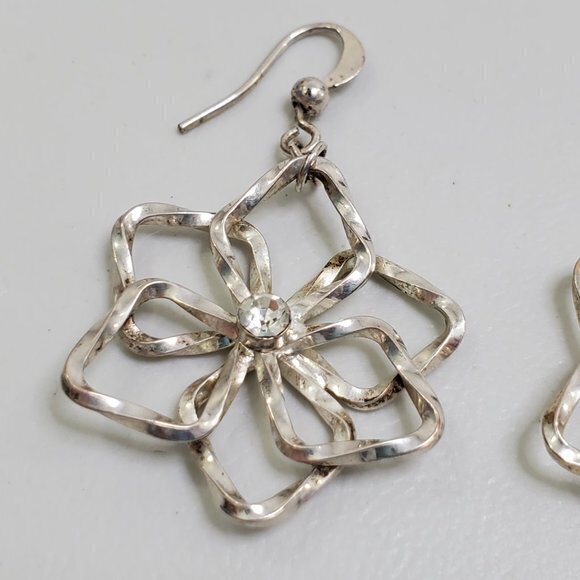 Floral Earrings Silver Tone Twist Rhinestone Dangl - Picture 7 of 11